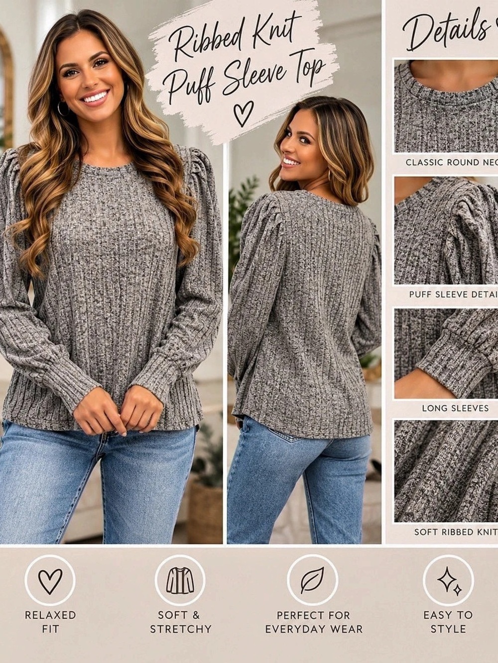 AMODI Ribbed Puff Sleeve Sweater in Purple Size Largr NWT